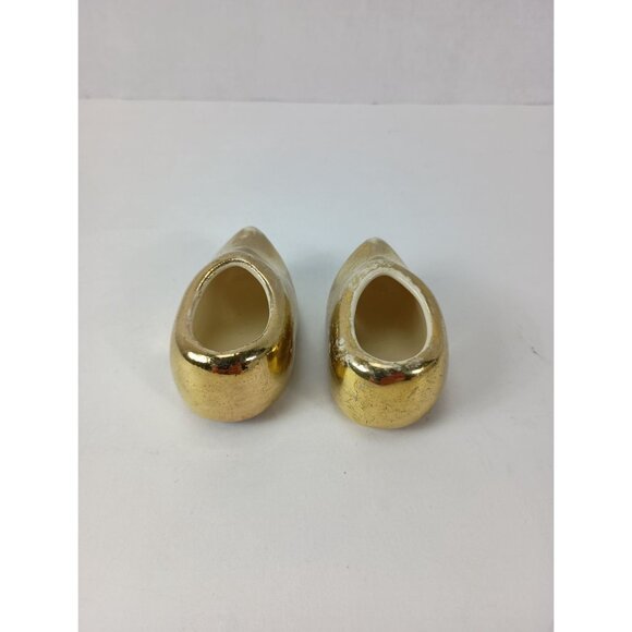 Pair Of Dutch Shoes Gold Ceramic Small Figurine Statue Vintage - Picture 5 of 8